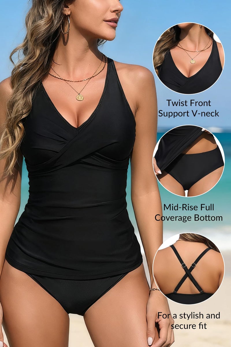 Yonique Tankini Swimsuits for Women Tummy Control Bathing Suits Two Piece Tankini Tops with Bikini Bottoms Plus Size Swimwear Black S - Image 5